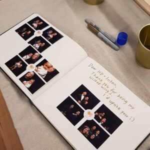 Fun moments captured in a customized photo booth at a wedding